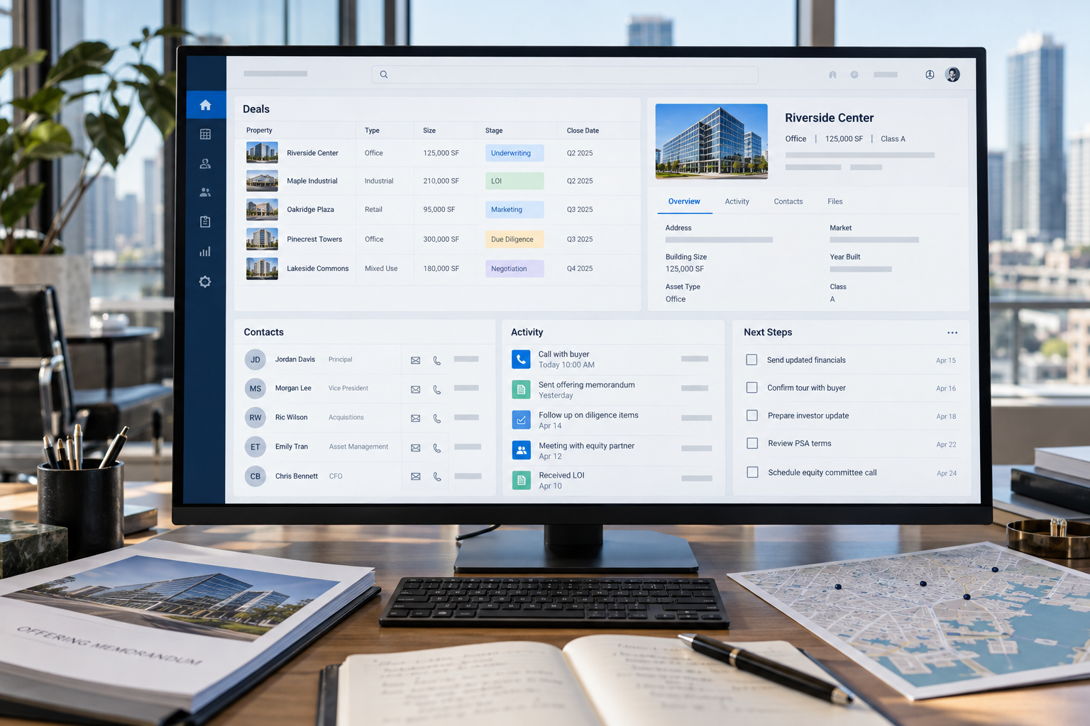 Power Broker CRM showing a Capital Markets property and deal workflow