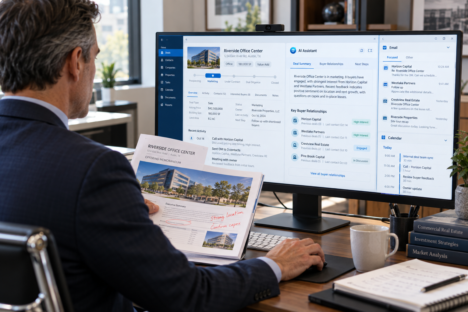 Broker reviewing Power Broker CRM records with AI assistance